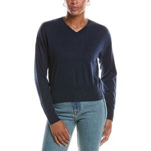 Autumn Cashmere Womens  Long Sleeve High V-Neck 100% Cashmere Sweater, Blue